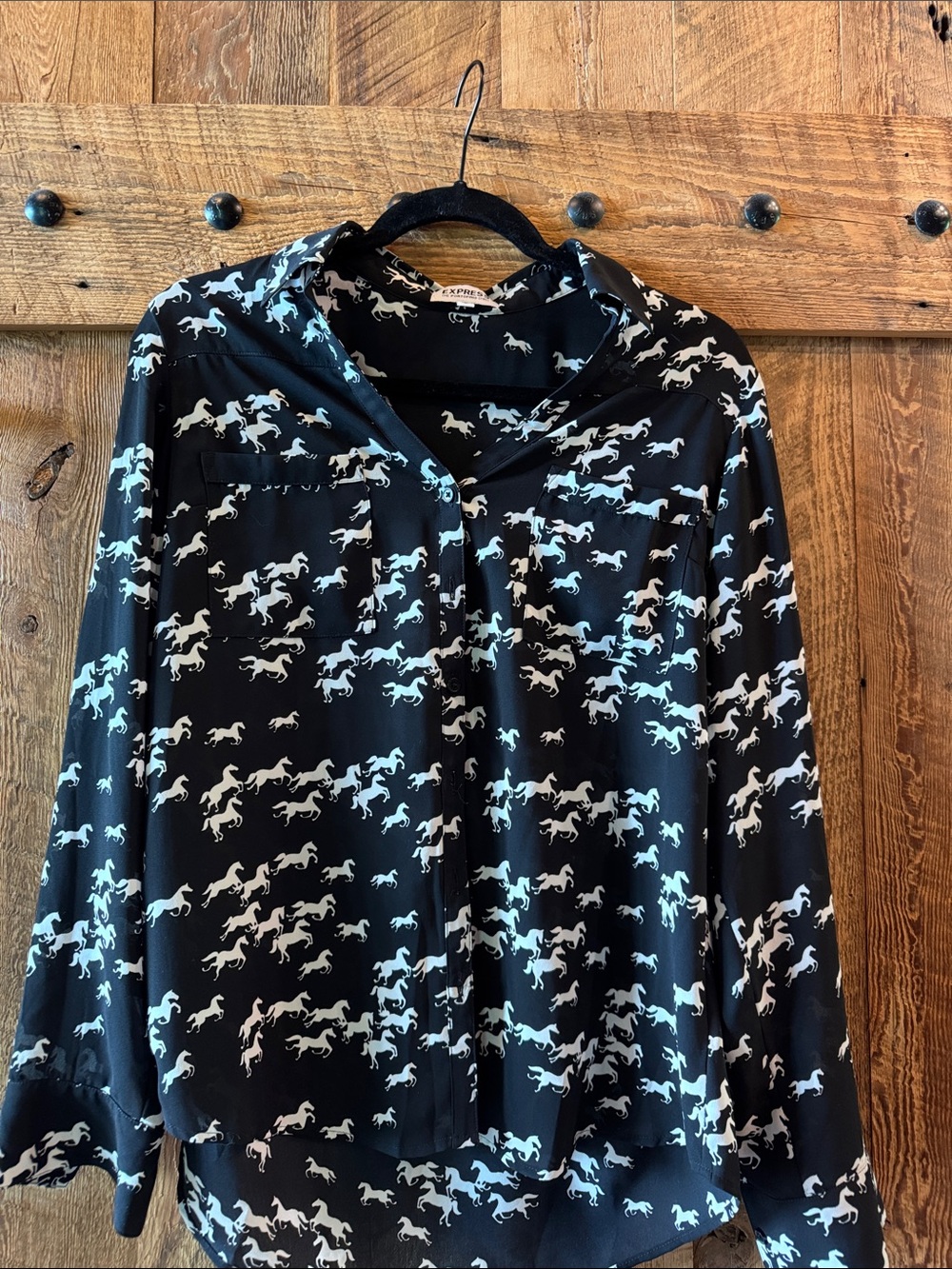 Black Horse Print Button-Up Blouse